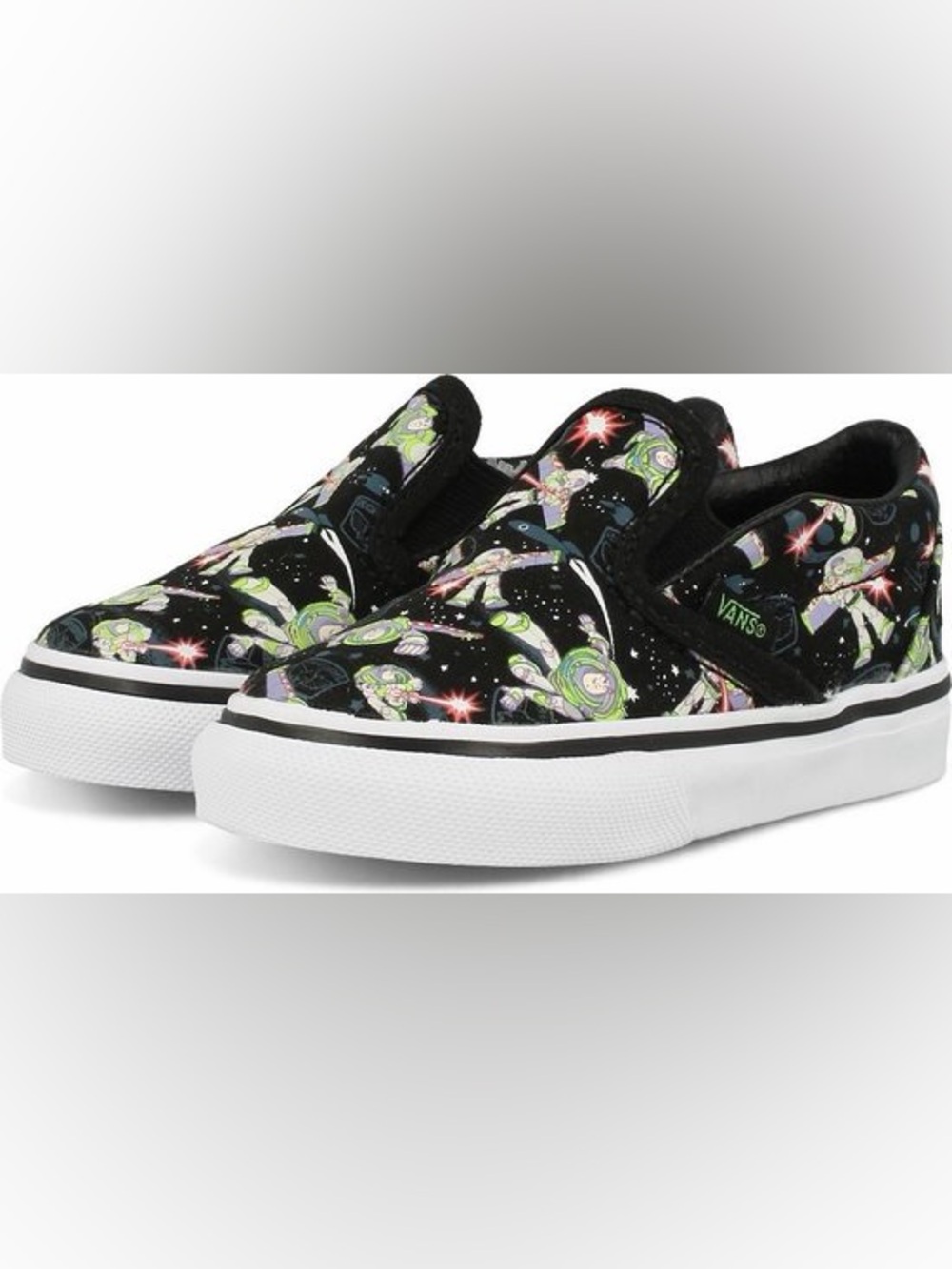 Vans Kids Black Slip-On Sneakers with Green & White Buzz Lightyear Print